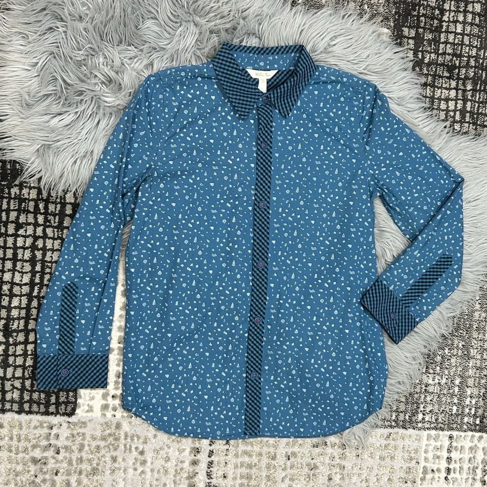 Matilda Jane Jack Frost Button Up Shirt Blue w/ White Holiday Print Boys Size 14